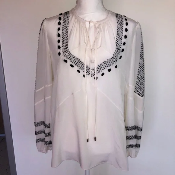 Altuzarra Peasant Blouse Size 4 Tie Embroidered Silk Made In Italy White Black - Picture 8 of 14